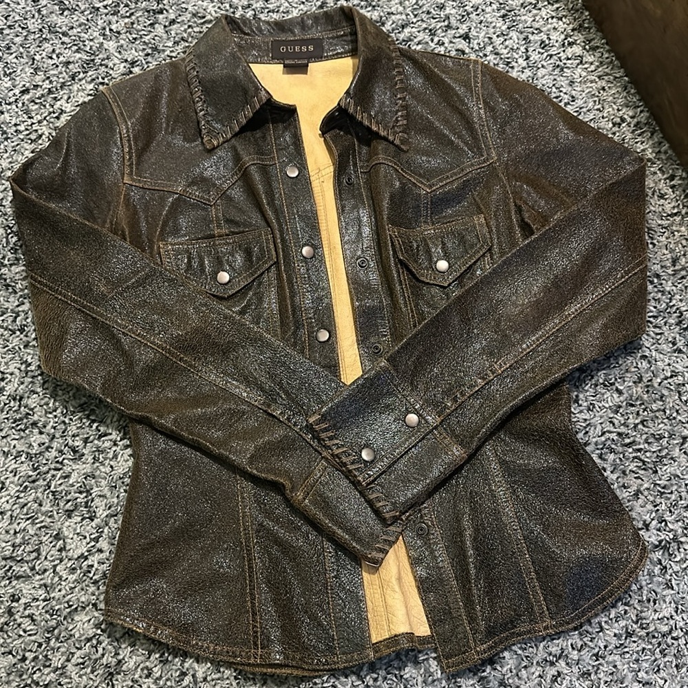 Woman’s Brown Leather Button Down Jacket From Gue… - image 3